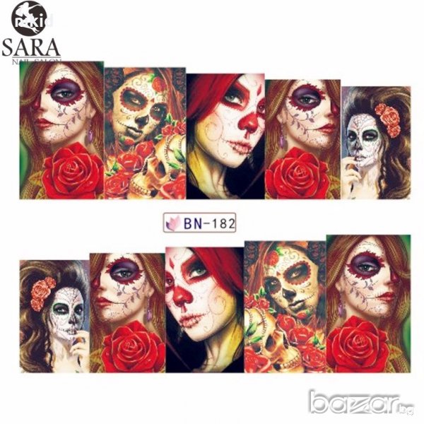 BN-182 цветни  рисувани лица череп татос ваденки водни стикери за нокти маникюр Halloween Хелоуи, снимка 1