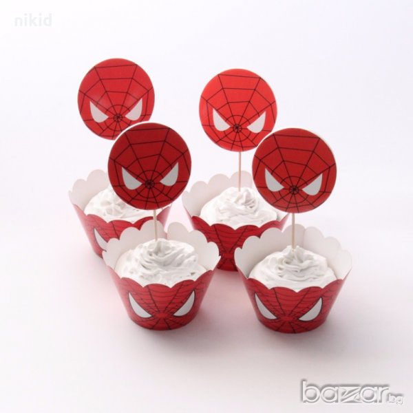 Spiderman Спайдърмен 12 бр топера топери и кошнички украса декорация за мъфини кексчета торта и парт, снимка 1