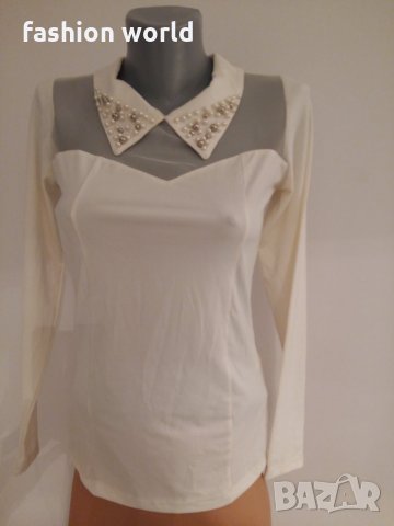 Блуза с яка от перли бяла, снимка 4 - Блузи с дълъг ръкав и пуловери - 23366520