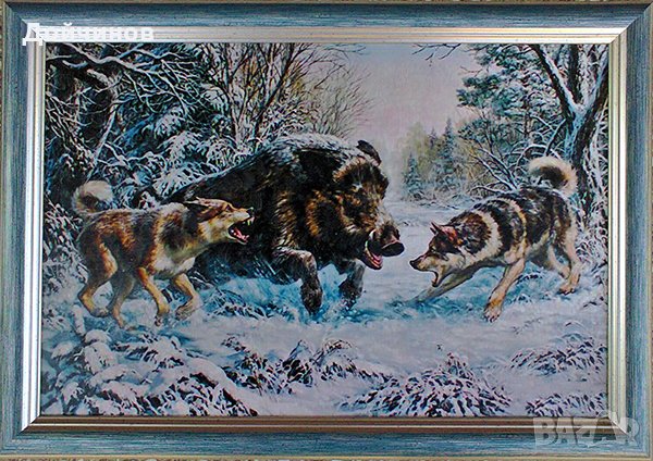 Диво прасе срещу кучета, картина за ловци, снимка 2 - Картини - 16989242