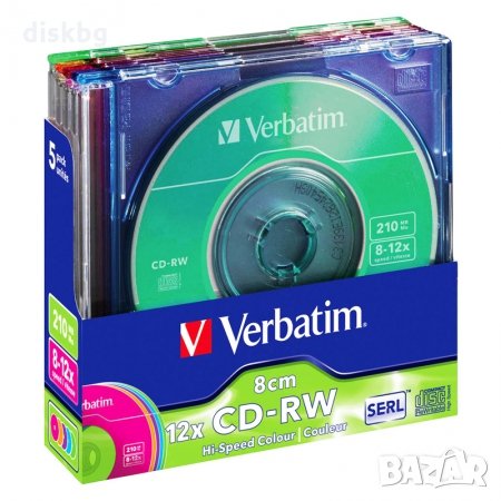 CD-RW VERBATIM 8см, 210MB, 8-12x - празни презаписваеми дискове в кутия 5 цвята 