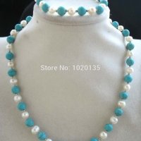 Огърлица + гривна от перли и тюркоаз, снимка 1 - Бижутерийни комплекти - 20986114