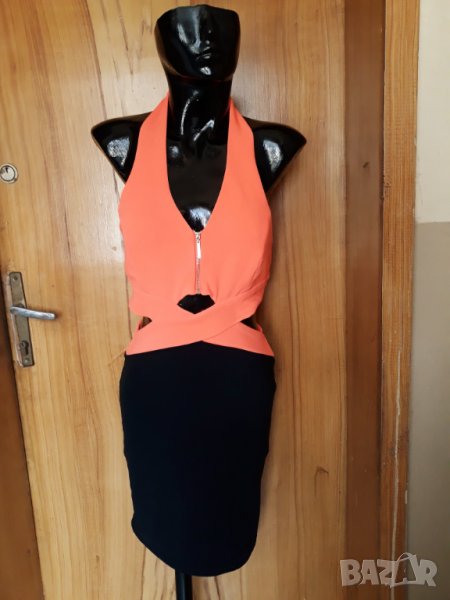 Оранжево-черна къса рокля по тялото с голи участъци М, снимка 1