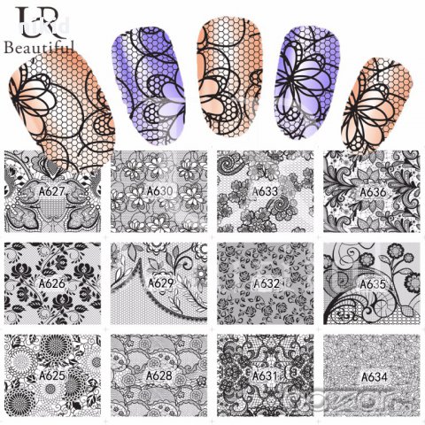 A625-672   48 бр черно бели дантела мрежа татос ваденки водни стикери за нокти маникюр, снимка 4 - Продукти за маникюр - 16866507