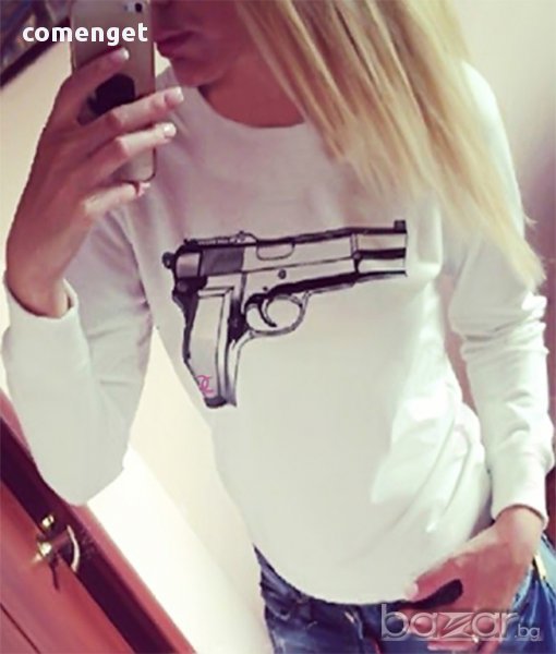 ХИТ! Дамска блуза GUN FASHION с пистолет принт! Поръчай модел с ТВОЯ идея!, снимка 1