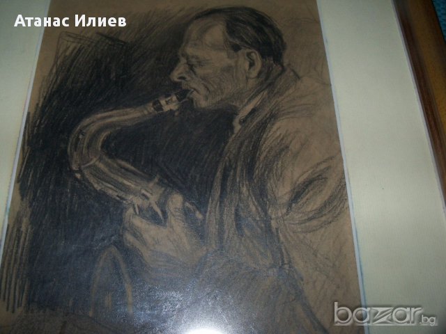 Стара графика "Мъжът със саксофона", снимка 5 - Картини - 14148752