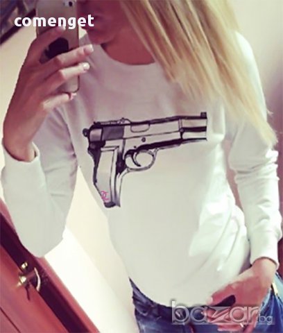 ХИТ! Дамска блуза GUN FASHION с пистолет принт! Поръчай модел с ТВОЯ идея!, снимка 1 - Тениски - 13716472