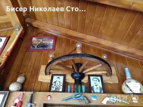 Етно стенна лампа-аплик от колело на каруца с ръчно изработени дървени чашки!, снимка 10 - Лампи за стена - 9066252