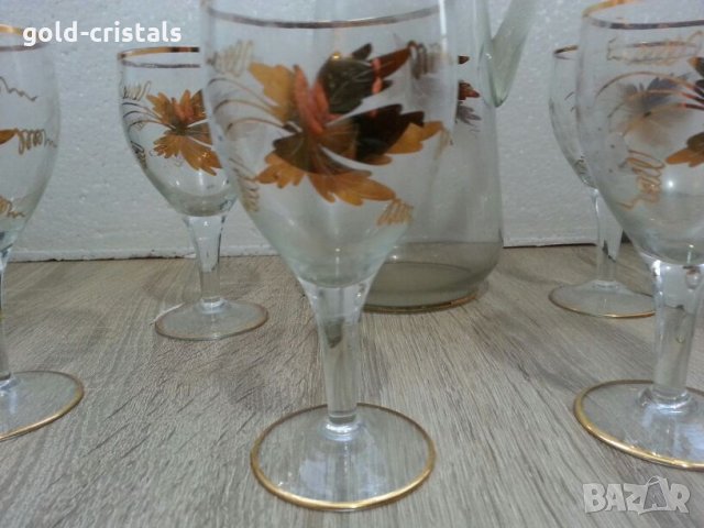 Стъклени чаши и кана с златен кант и гравюра, снимка 6 - Антикварни и старинни предмети - 22703507