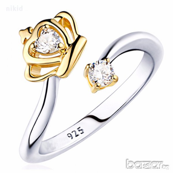 нежен дамски пръстен корона и диамантено камъче сребърна баня универсален размер, снимка 1