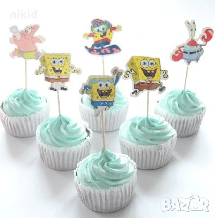 24 бр Спондж боб Спонджбоб SpongeBob SPONGE и приятели топери клечки за мъфини декорация рожден ден , снимка 1