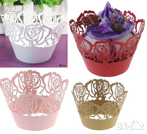 12 бр Рози декори декорация за мъфини кексчета дантела кошнички, снимка 1