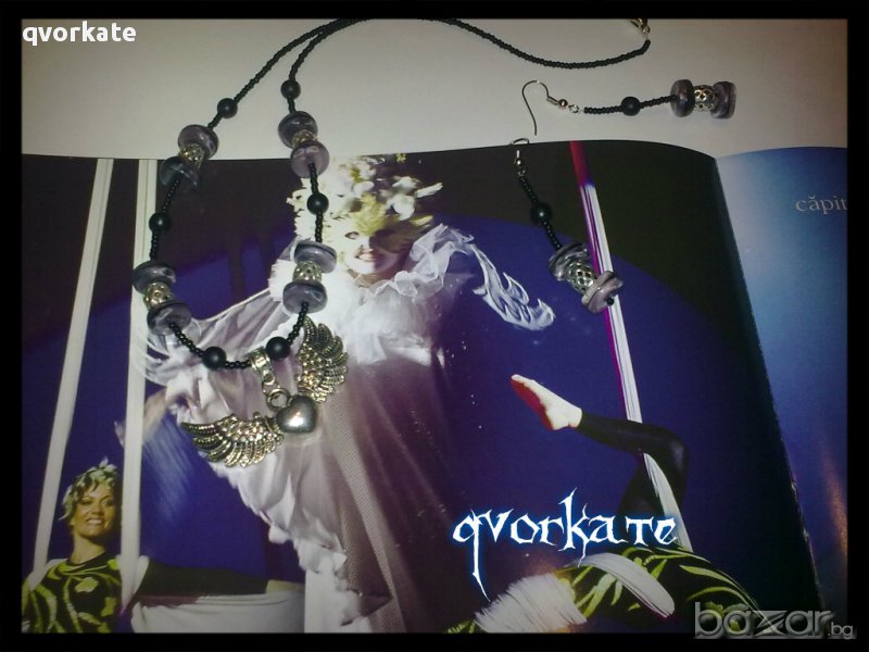 Колие и обеци Сърце с крила в лилаво, снимка 1