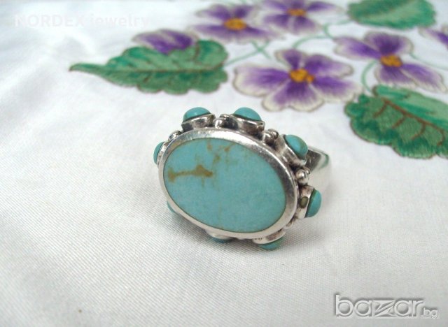 Прекрасен Овален Сребърен Пръстен с Естествени Тюркоази, снимка 6 - Пръстени - 21384212