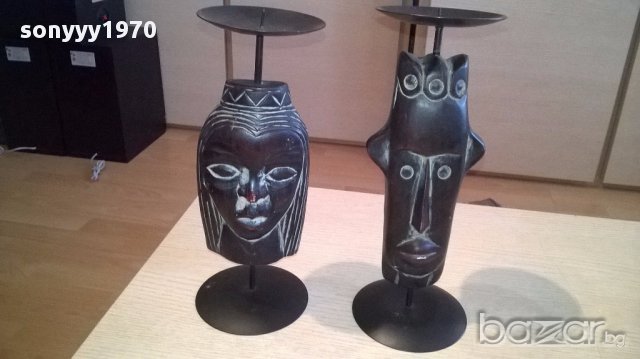 Африкански свещници-2бр дърво/метал 28х10см-внос швеицария, снимка 7 - Антикварни и старинни предмети - 17808651