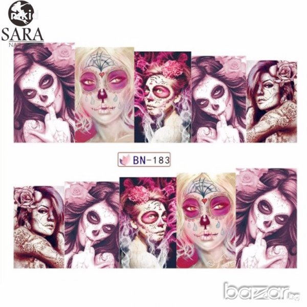 BN-183 цветни  рисувани лица череп татос ваденки водни стикери за нокти маникюр Halloween Хелоуи, снимка 1