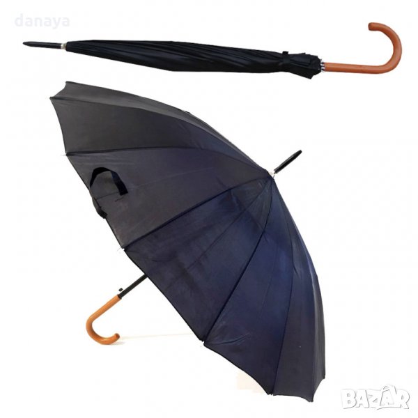 564 Класически автоматичен чадър за дъжд черен 16 ребра 98см дамски чадър мъжки чадър, снимка 1