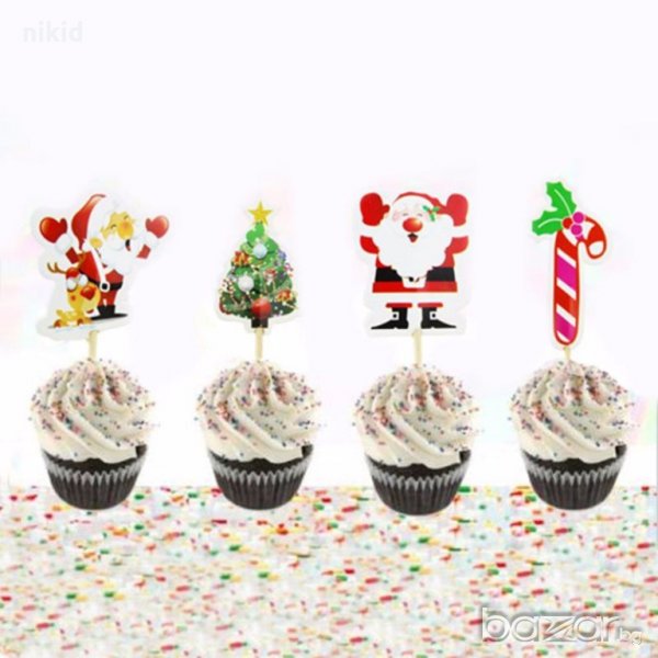 Коледни Дядо Коледа Елха бастунче 24бр топери клечки украса декорация за мъфини кексчета , снимка 1
