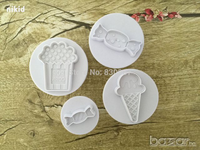 4 бр лакомства пуканки сладолед бонбон форми резци с бутало украса декор торта фондан форма резец, снимка 3 - Форми - 14908152