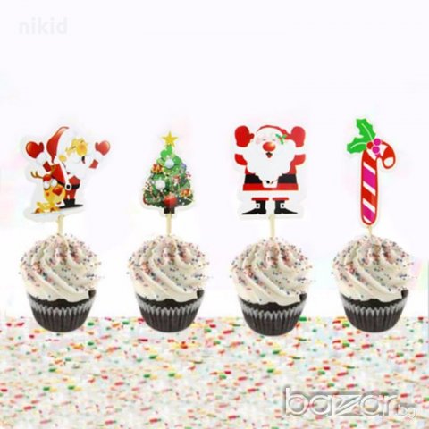 Коледни Дядо Коледа Елха бастунче 24бр топери клечки украса декорация за мъфини кексчета 