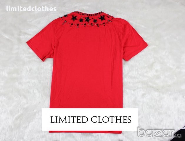 GIVENCHY RED STARS AND CRYSTAL BEADS Мъжка Тениска с Кристали и Звезди size XS, снимка 3 - Тениски - 8652731