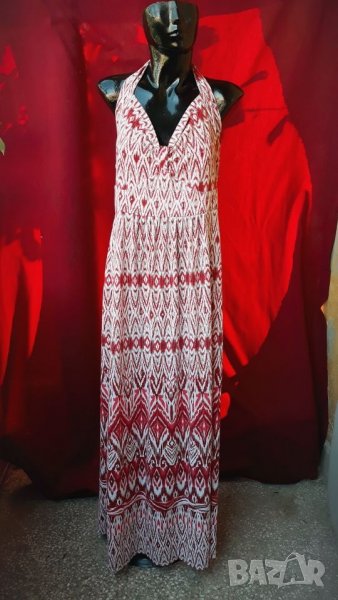 Червено-бяла дълга рокля с гол гръб Л, снимка 1