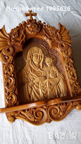 Дърворезба-домашен иконостас с резбована икона "Богородица с младенеца", снимка 3 - Икони - 21948586