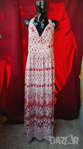 Червено-бяла дълга рокля с гол гръб Л, снимка 1