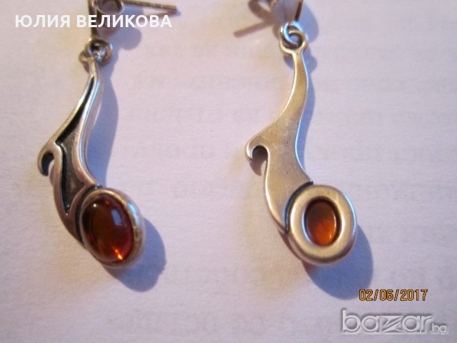 Сребърни обеци с кехлибар, снимка 8 - Обеци - 18465476