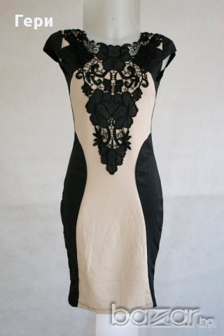 Елегантна вталена рокля в бежово и черно, снимка 3 - Рокли - 17791314