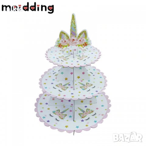 Еднорог Unicorn Бяла  3 етажна Триетажна поставка стойка за мъфини картонена кексчета