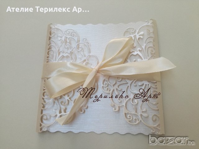 Стилна сватбена покана в екрю и праскова, снимка 2 - Декорация - 20767092