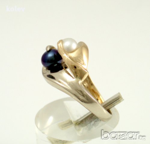 Златен пръстен с черна и бяла перла 4.32 грама, размер №54, снимка 6 - Пръстени - 11214114