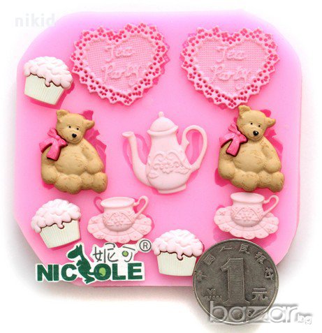 парти мече сервиз кана чашки мъфини и сърце силиконов молд форма декорация украса фондан торта и др