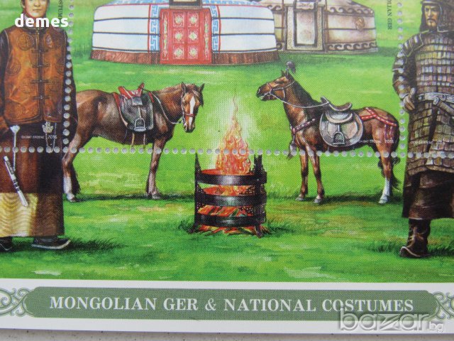 Блок марки Монголски национални костюми, 2016, Монголия, снимка 2 - Филателия - 16913161