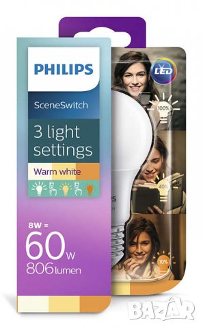 LED Крушка Philips, 8W=60W, 806 lumen, 1крушка=3светлинни настройки, снимка 3 - Лед осветление - 25542248