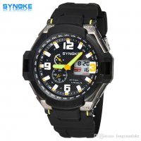 Нов спортен часовник Synoke двойн време, хронометър жълт