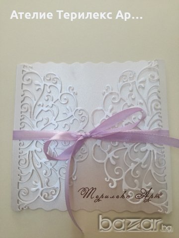 Нежна сватбена покана в бяла перла и лилаво, снимка 2 - Декорация - 20767065