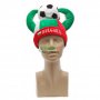 Карнавална шапка с рога и футболна топка. Шапката е в цветовете на българския трикольор. 