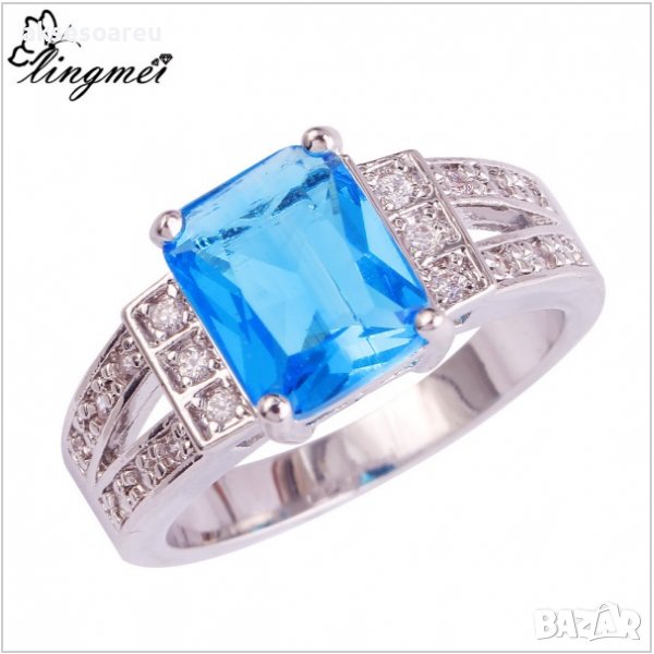 Посребрен пръстен със син камък, фини кралски бижута със цирконий, бижу унисекс моден младежки, снимка 1