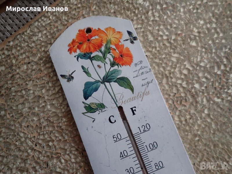 " Оранжеви цветя " - дървен термометър, снимка 1