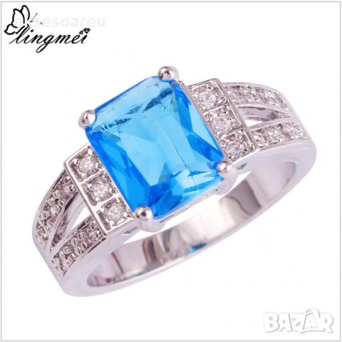 Посребрен пръстен със син камък, фини кралски бижута със цирконий, бижу унисекс моден младежки, снимка 1 - Пръстени - 21871788