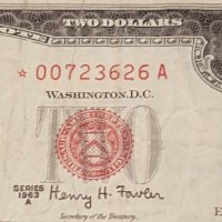 *007 $2 Dollars STAR RED SEAL 1963-A / WITH 6 DIGIT/ ONLY 640.000 PRINTED, снимка 1 - Нумизматика и бонистика - 18851977
