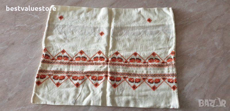 Кафяво-бяло-оранжева Памучна Ръчно Бродирана Калъфка За Възглавница 55-44см, снимка 1