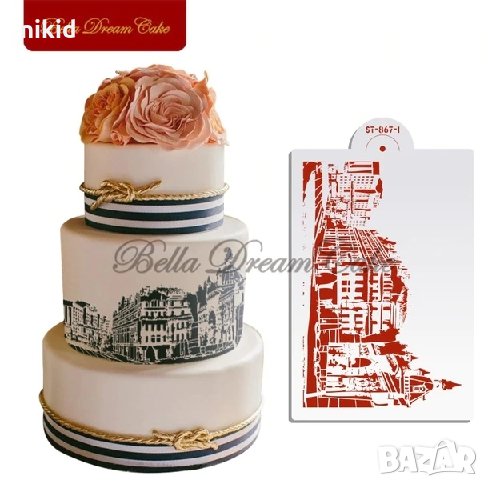 Европейски сгради стенсил шаблон спрей за торта украса кекс декорация пудра захар, снимка 1