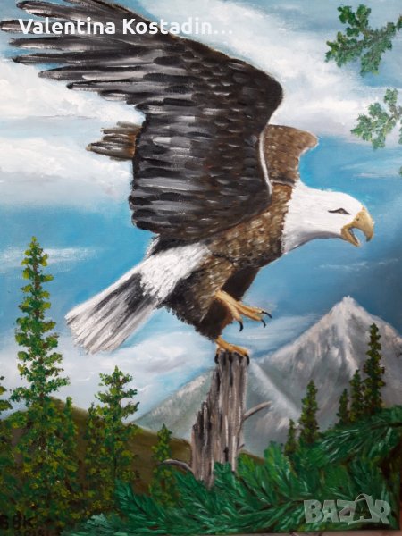 Маслена картина планински пейзаж с орел , снимка 1