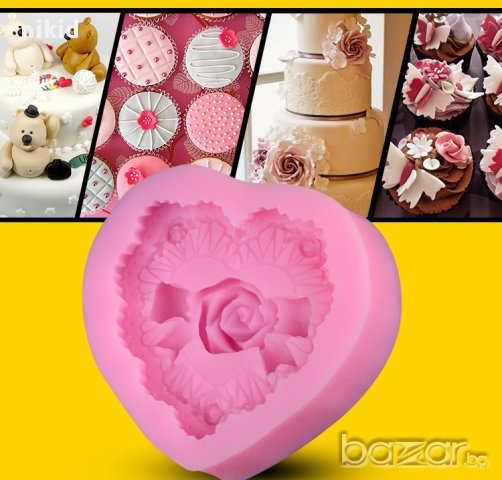 голямо сърце с роза панделка силиконов молд форма за украса торта с фондан шоколад, снимка 2 - Форми - 16299131
