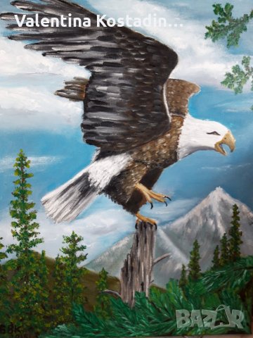 Маслена картина планински пейзаж с орел 