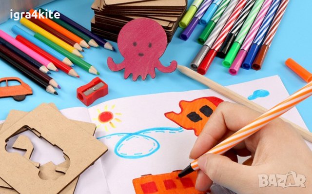 Детски комплект за рисуване с много формички от дърво + флумастри с книжка, снимка 11 - Рисуване и оцветяване - 26155798