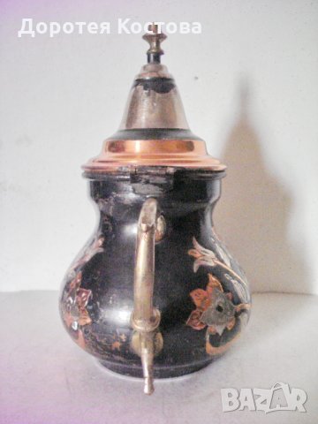 Стар месингов комплект с мед - чайник + поднос, снимка 4 - Антикварни и старинни предмети - 24119956